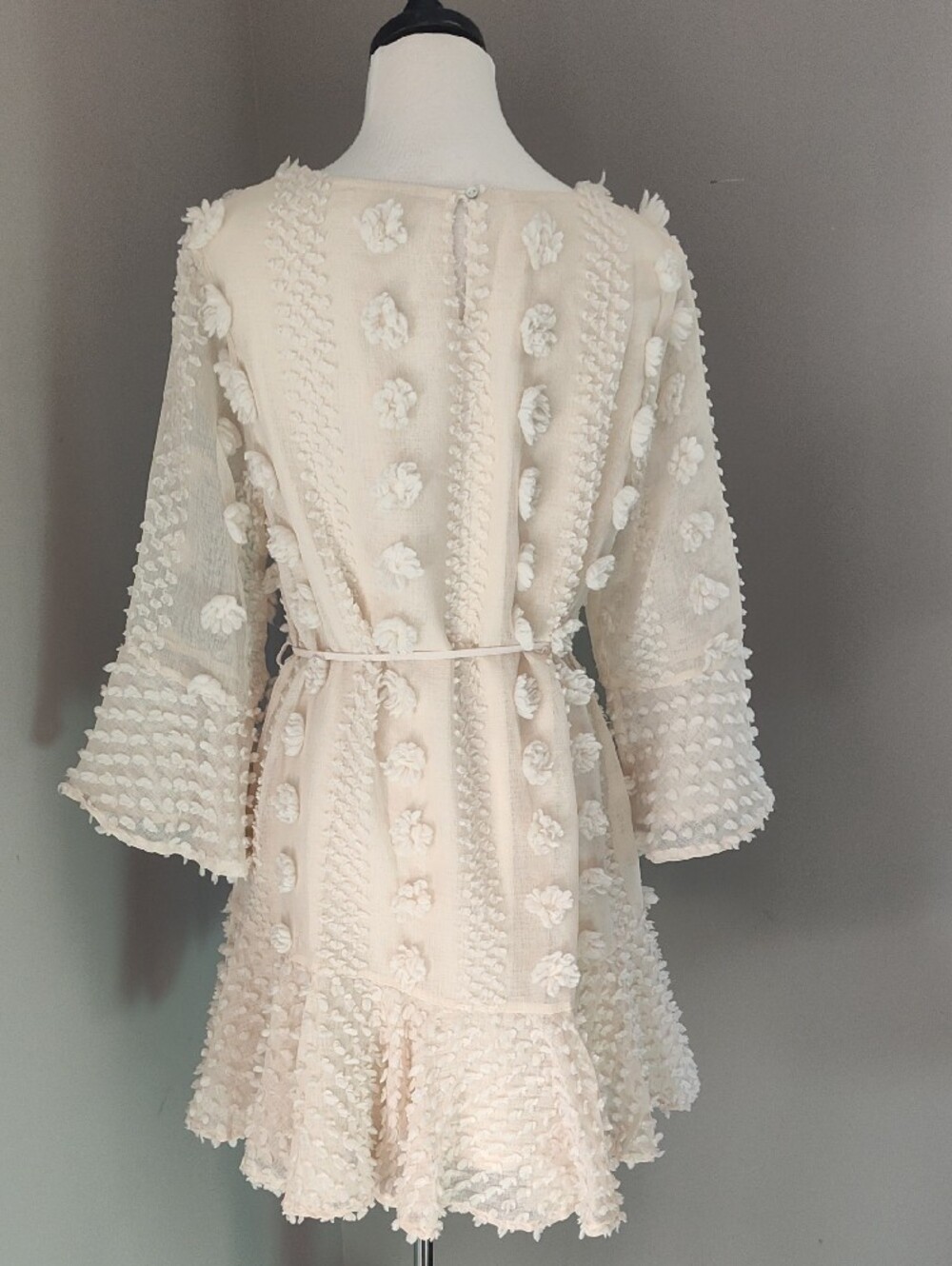 Entro Cream Textured Lined Mini Dress with Floral Appliqués And Bell Sleeves - Picture 8 of 16